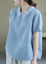 Handmade Blue Patchwork Solid Ramie T Shirt Summer