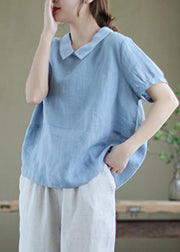 Handmade Blue Patchwork Solid Ramie T Shirt Summer