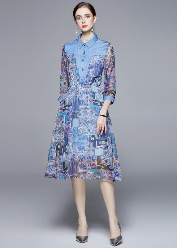 Handmade Blue Peter Pan Collar Denim Patchwork Print Chiffon Dress Long Sleeve