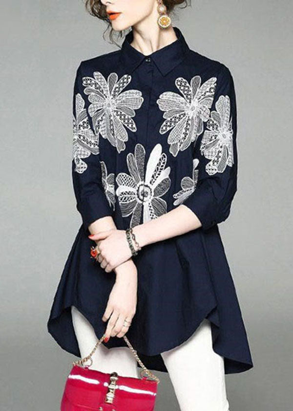 Handmade White flower Peter Pan Collar Embroidered Asymmetrical Design Cotton Long Shirt Half Sleeve