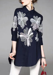 Handmade White flower Peter Pan Collar Embroidered Asymmetrical Design Cotton Long Shirt Half Sleeve