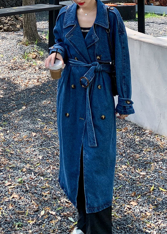 Handmade Blue Pockets Tie Waist Patchwork Denim Trench Fall