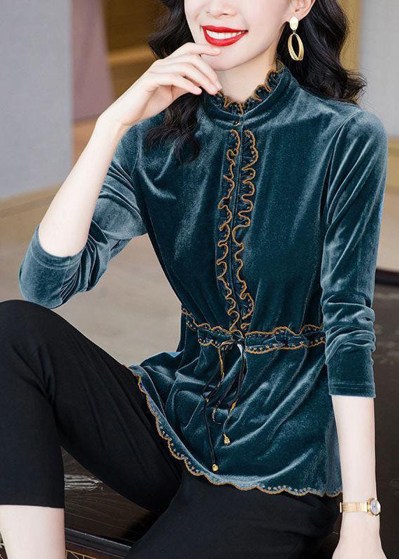 Handmade Blue Ruffled Tie Waist Silk Velour Blouses Long Sleeve