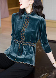 Handmade Blue Ruffled Tie Waist Silk Velour Blouses Long Sleeve