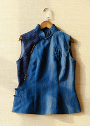 Handmade Blue Stand Collar Patchwork Button Silk Vest Summer