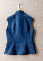 Handmade Blue Stand Collar Patchwork Button Silk Vest Summer