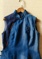 Handmade Blue Stand Collar Patchwork Button Silk Vest Summer