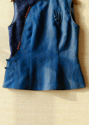 Handmade Blue Stand Collar Patchwork Button Silk Vest Summer