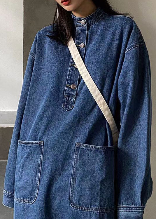 Handmade Blue Stand Collar Pockets Patchwork Denim Dress Fall