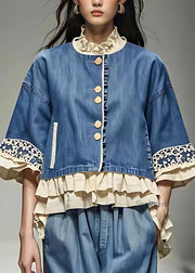 Handmade Blue Stand Collar Ruffled Patchwork Shirt Half Sleeve