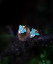 Handmade Blue Sterling Silver Overgild Pearl Enamel Butterfly Drop Earrings