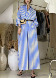 Handmade Blue Striped Button Long Shirts Dresses Long Sleeve