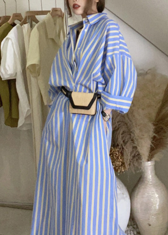 Handmade Blue Striped Button Long Shirts Dresses Long Sleeve