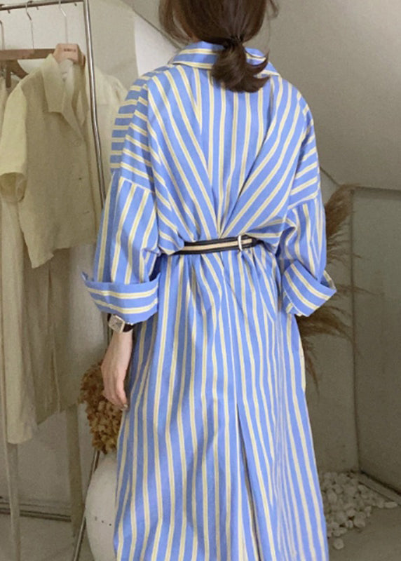 Handmade Blue Striped Button Long Shirts Dresses Long Sleeve