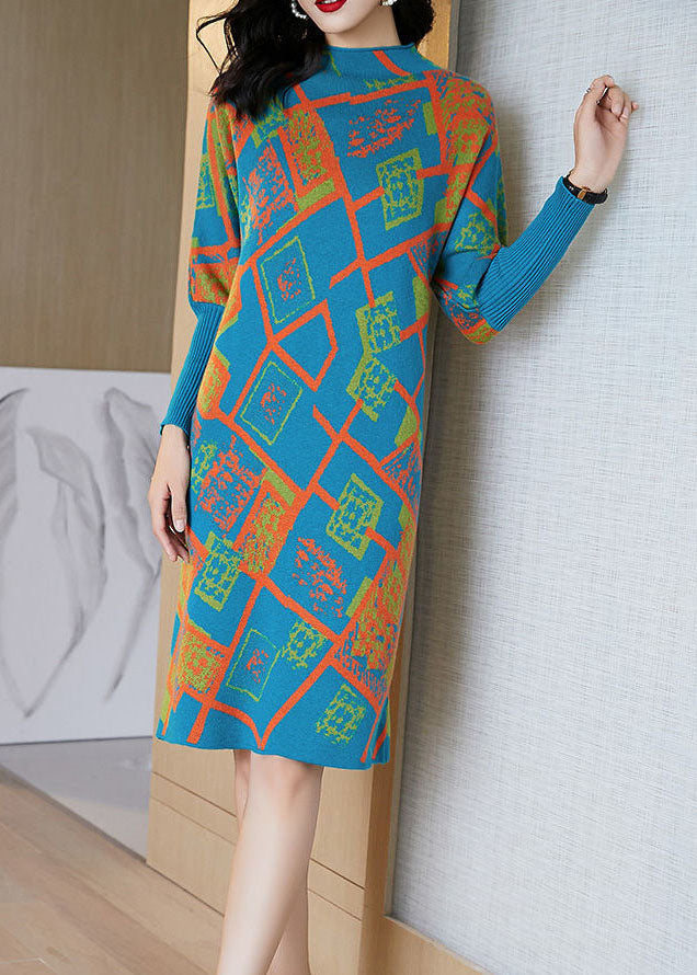 Handmade Blue Turtle Neck Geometric Print Thick Knitted Dress Fall