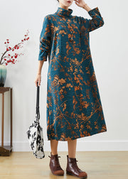 Handmade Blue Turtle Neck Print Warm Fleece Maxi Dress Winter