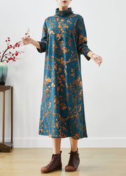 Handmade Blue Turtle Neck Print Warm Fleece Maxi Dress Winter