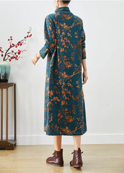 Handmade Blue Turtle Neck Print Warm Fleece Maxi Dress Winter