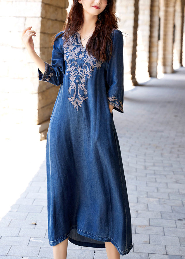 Handmade Blue V Neck Embroidered Silk Cotton Long Denim Dress Long Sleeve