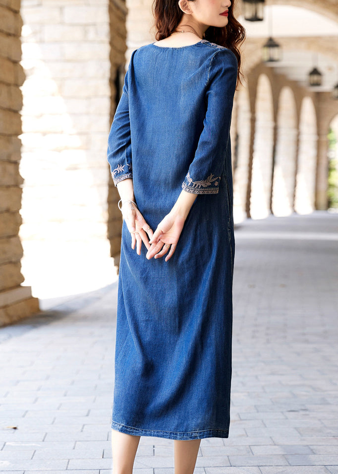 Handmade Blue V Neck Embroidered Silk Cotton Long Denim Dress Long Sleeve