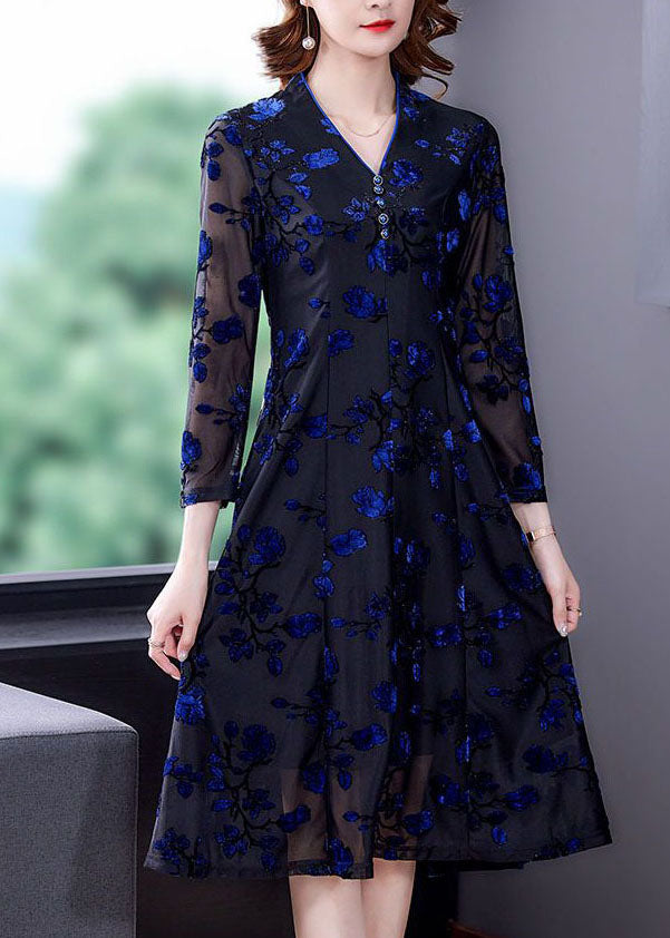 Handmade Blue V Neck Embroideried Slim Fit Tulle Dresses Spring