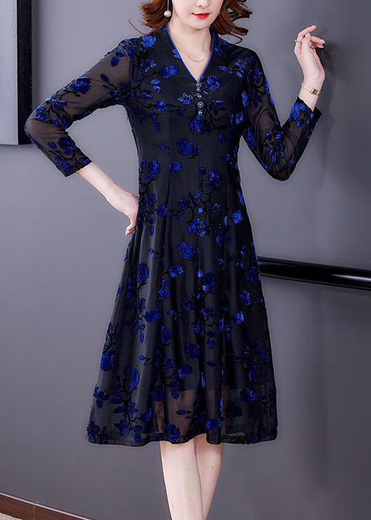 Handmade Blue V Neck Embroideried Slim Fit Tulle Dresses Spring