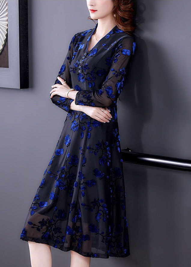 Handmade Blue V Neck Embroideried Slim Fit Tulle Dresses Spring