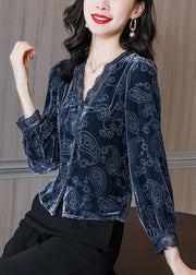 Handmade Blue V Neck Lace Patchwork Velour Shirts Spring