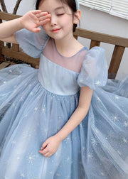 Handmade Blue Wrinkled Bow Embroideried Tulle Baby Girls Dresses Summer