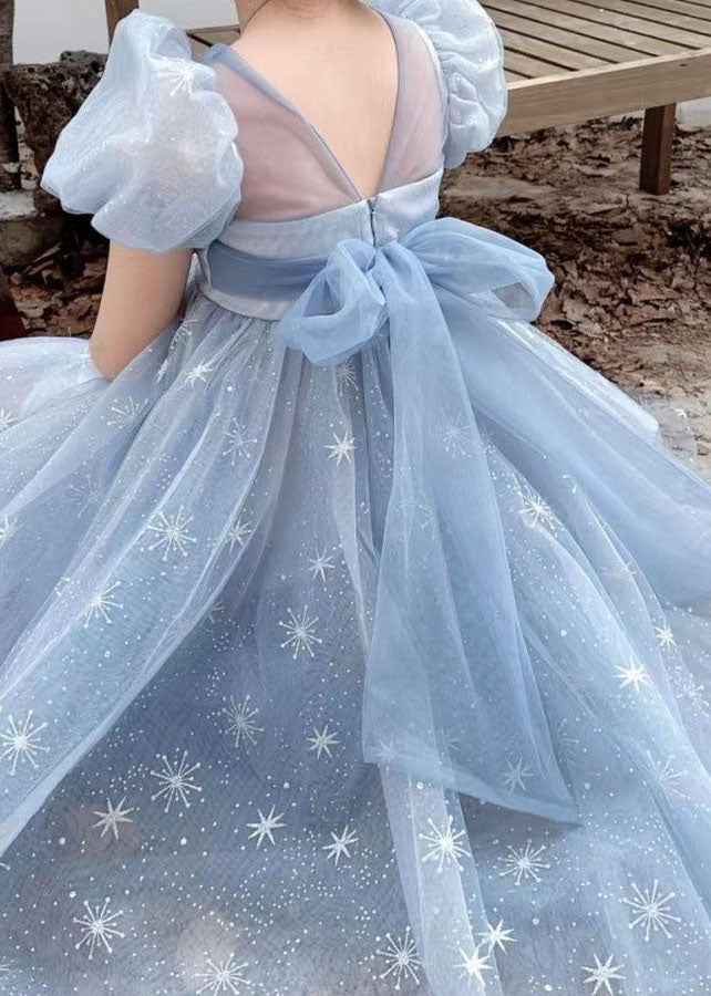 Handmade Blue Wrinkled Bow Embroideried Tulle Baby Girls Dresses Summer