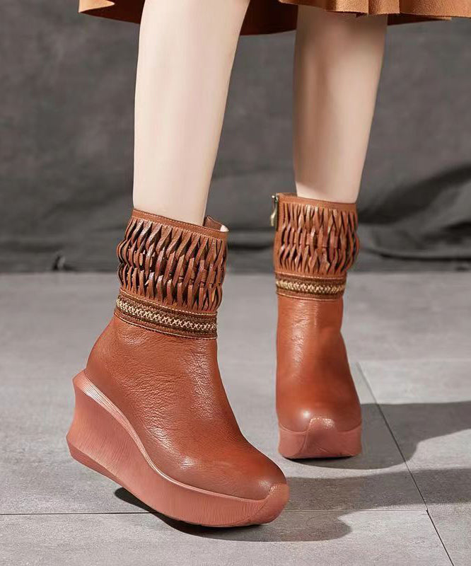 Handmade Braid Splicing Wedge Boots Brown Cowhide Leather