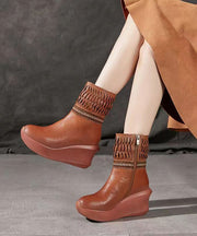 Handmade Braid Splicing Wedge Boots Brown Cowhide Leather