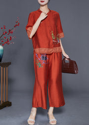 Handmade Brick Red Embroideried Patchwork Linen Silk Two Pieces Set Summer