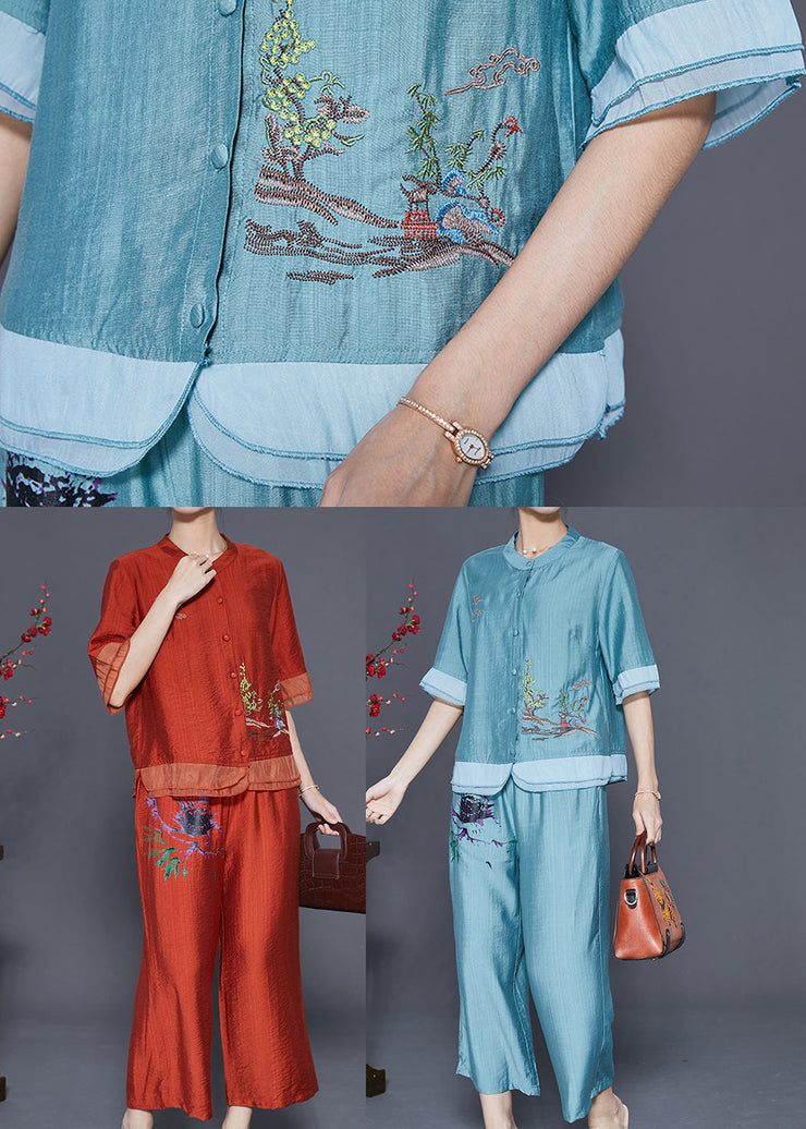 Handmade Brick Red Embroideried Patchwork Linen Silk Two Pieces Set Summer