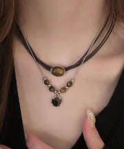 Handmade Brown Alloy Tiger Eye Stone Tassel Two Piece Set Pendant Necklace