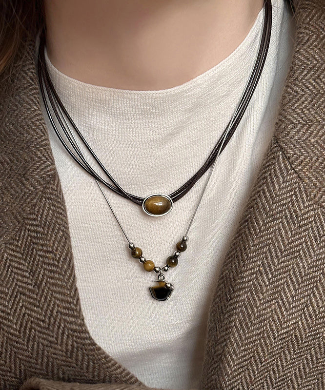 Handmade Brown Alloy Tiger Eye Stone Tassel Two Piece Set Pendant Necklace