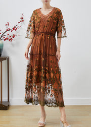 Handmade Brown Embroidered Tulle Cinched Dress Summer