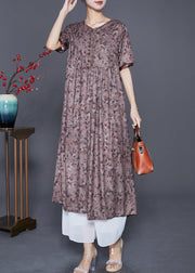 Handmade Brown Embroideried Print Button Cotton Dress Summer