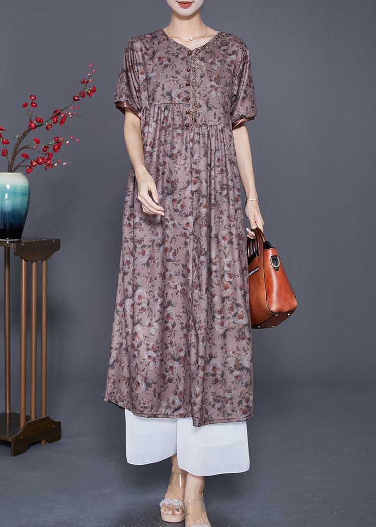 Handmade Brown Embroideried Print Button Cotton Dress Summer