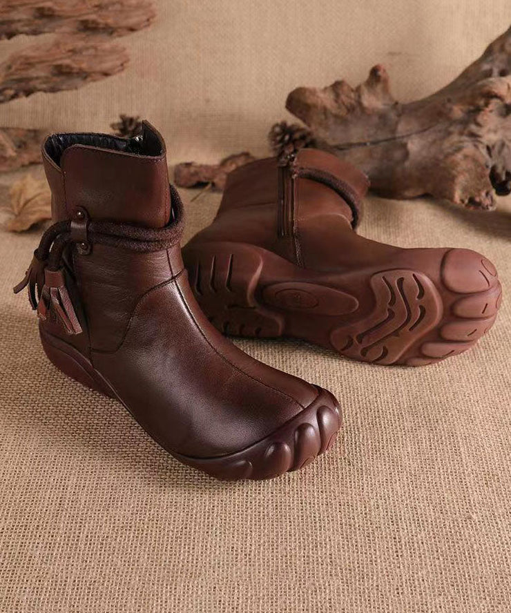 Handmade Brown Faux Leather Boots Splicing Tassel