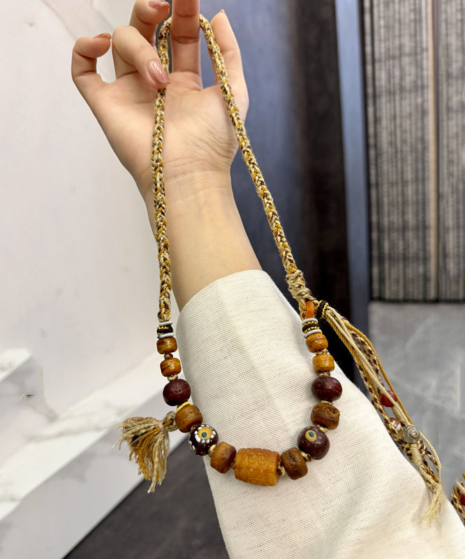 Handmade Brown Hand Woven Old Coloured Glaze Tassel Gratuated Bead Necklace