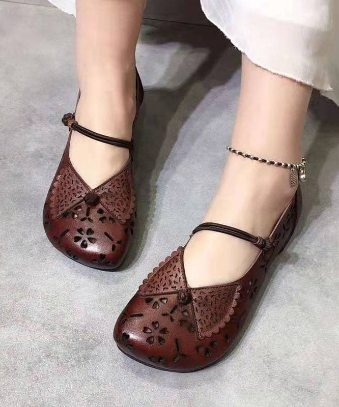 Handmade Brown Hollow Out Flats Buckle Strap Flat Feet Shoes