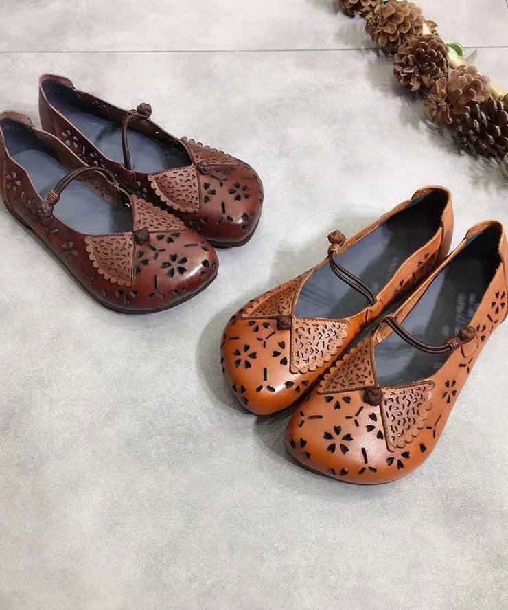 Handmade Brown Hollow Out Flats Buckle Strap Flat Feet Shoes