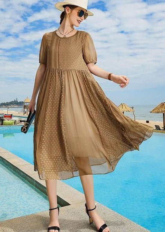 Handmade Brown O Neck Patchwork Silk Mid Dress Summer