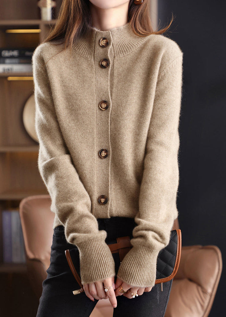 Handmade Camel Stand Collar Woolen Cardigan Long Sleeve