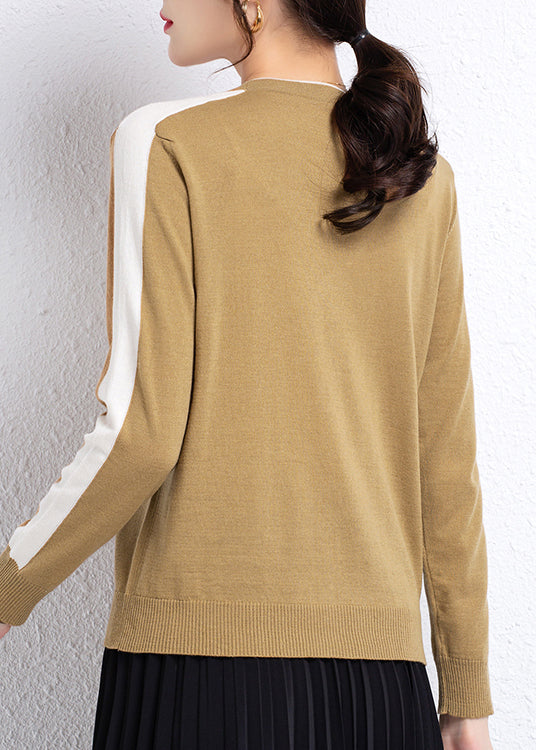 Handmade Camel V Neck Colorblock Wool Knit Cardigans Long Sleeve