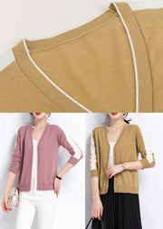 Handmade Camel V Neck Colorblock Wool Knit Cardigans Long Sleeve