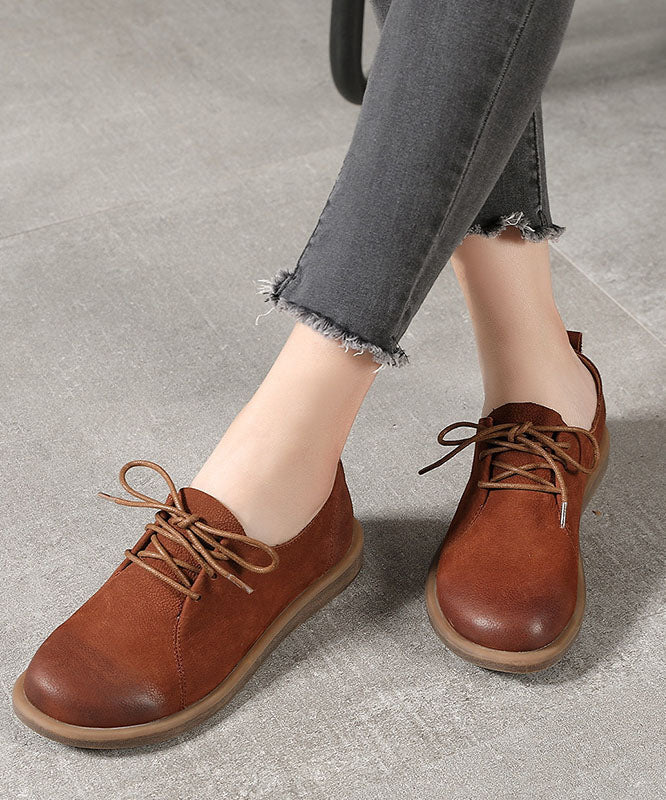 Handmade Caramel Flat Shoes For Women Lace Up Flat Feet Shoes