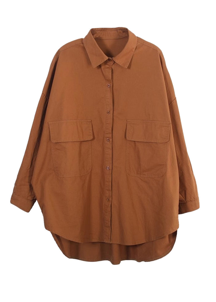 Handmade Caramel Oversized Pockets Cotton Blouse Tops Spring