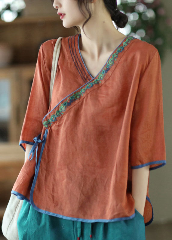 Handmade Caramel V Neck Embroideried Tie Waist Linen Top Half Sleeve